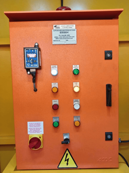 Industrial lubrication control panel with LED light fault indicators and GLC 2200 controller